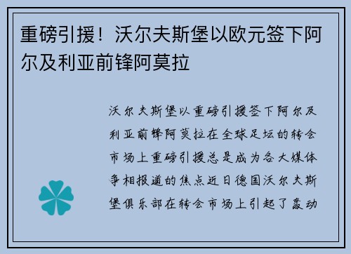 重磅引援！沃尔夫斯堡以欧元签下阿尔及利亚前锋阿莫拉