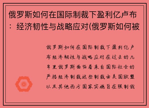俄罗斯如何在国际制裁下盈利亿卢布：经济韧性与战略应对(俄罗斯如何被制裁)