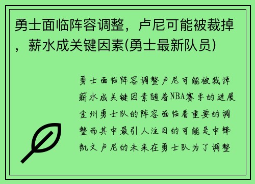 勇士面临阵容调整，卢尼可能被裁掉，薪水成关键因素(勇士最新队员)