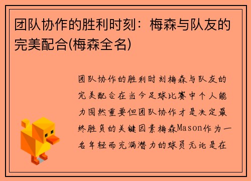 团队协作的胜利时刻：梅森与队友的完美配合(梅森全名)