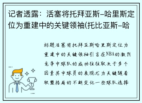 记者透露：活塞将托拜亚斯-哈里斯定位为重建中的关键领袖(托比亚斯-哈里斯集锦)