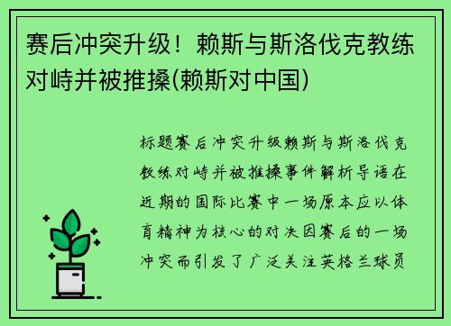 赛后冲突升级！赖斯与斯洛伐克教练对峙并被推搡(赖斯对中国)