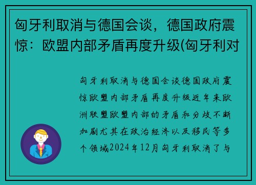 匈牙利取消与德国会谈，德国政府震惊：欧盟内部矛盾再度升级(匈牙利对德国宣战)