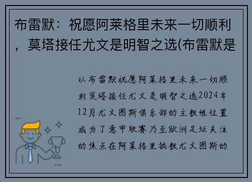 布雷默:祝愿阿莱格里未来一切顺利,莫塔接任尤文是明智之选(布雷默是谁)