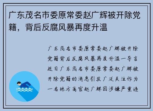 广东茂名市委原常委赵广辉被开除党籍,背后反腐风暴再度升温