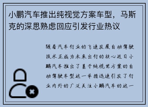小鹏汽车推出纯视觉方案车型,马斯克的深思熟虑回应引发行业热议