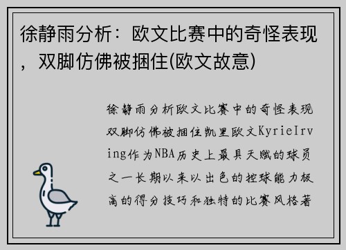 徐静雨分析:欧文比赛中的奇怪表现,双脚仿佛被捆住(欧文故意)