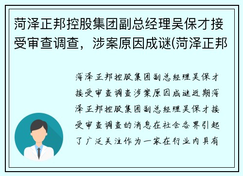 菏泽正邦控股集团副总经理吴保才接受审查调查，涉案原因成谜(菏泽正邦置业开发过哪些地方)
