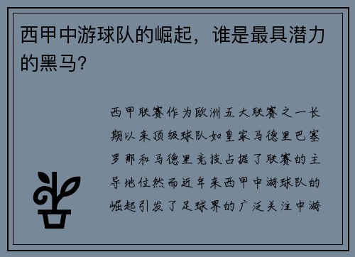 西甲中游球队的崛起,谁是最具潜力的黑马?
