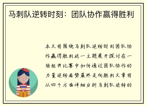 马刺队逆转时刻:团队协作赢得胜利
