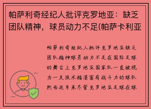 帕萨利奇经纪人批评克罗地亚:缺乏团队精神,球员动力不足(帕萨卡利亚 克罗地亚)